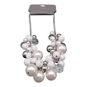 EXPRESS White Pearl Silver Bead Statement Necklace Cluster Bib Chain NWT